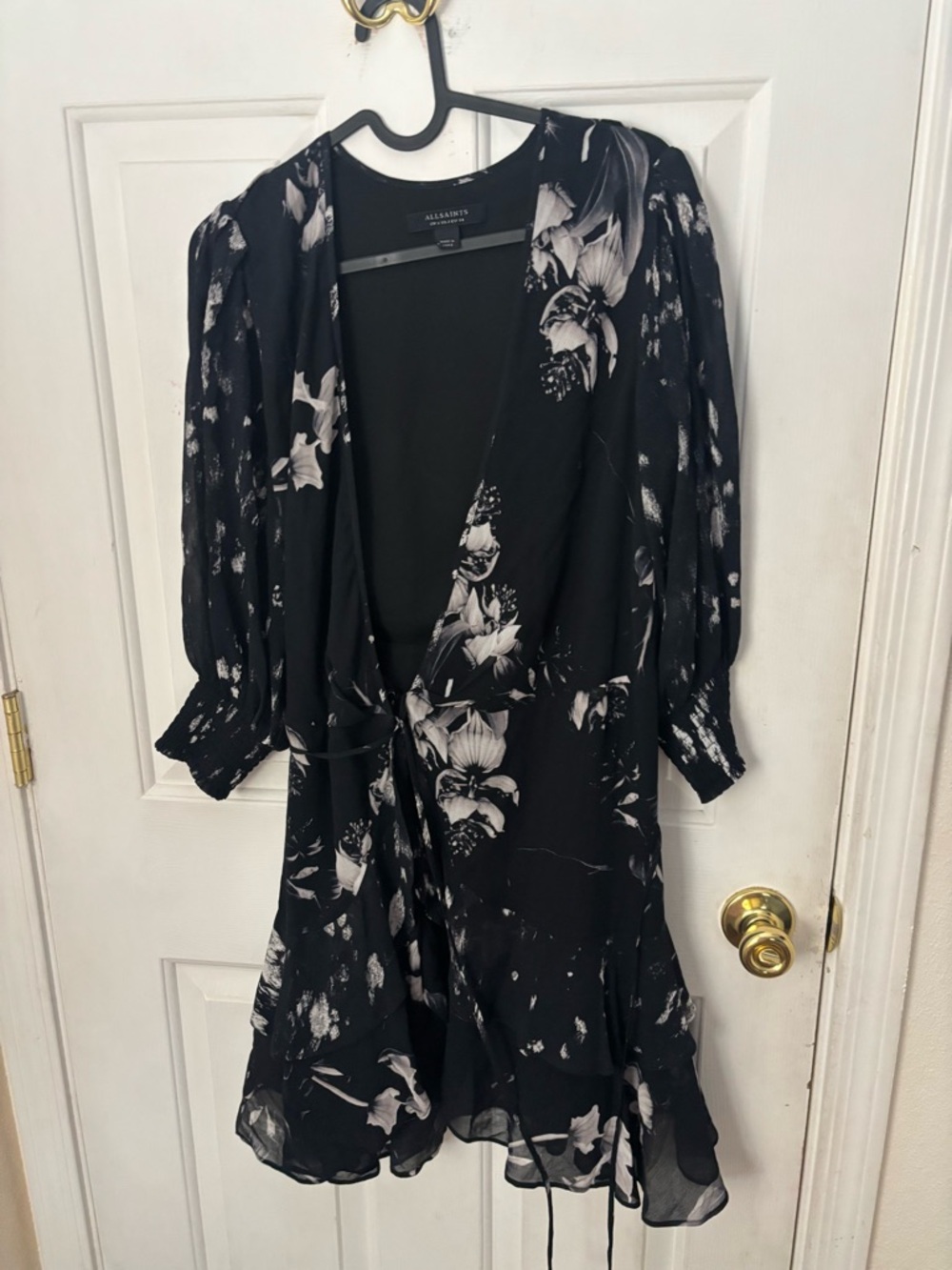 AllSaints Black and White Floral Faux Wrap Mini Dress - Picture 2 of 8